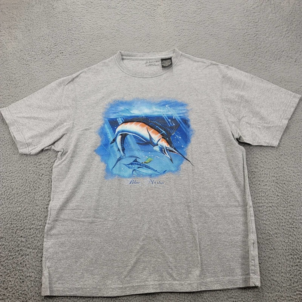 St. John's Bay Shirt Mens Large Gray Blue Marlin Graphic Tee Short Sleeve Fish